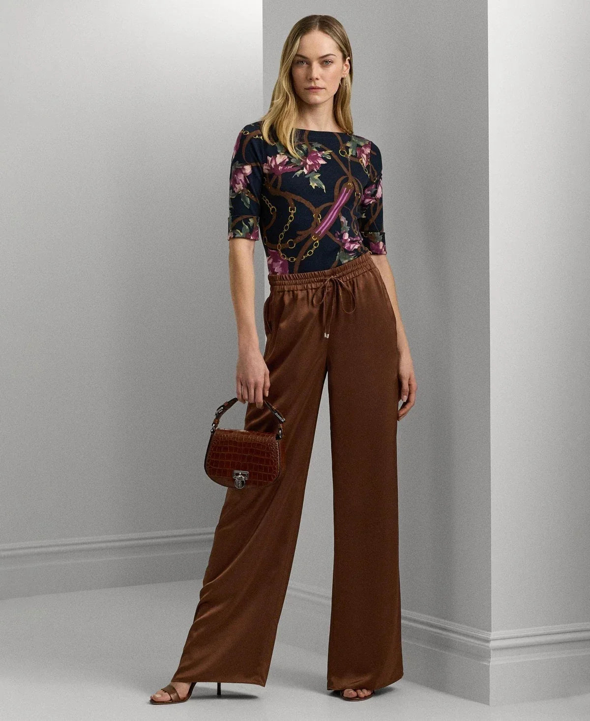 Lauren Ralph Lauren Women's Lightweight Satin Pants Brown Size M MSRP $165